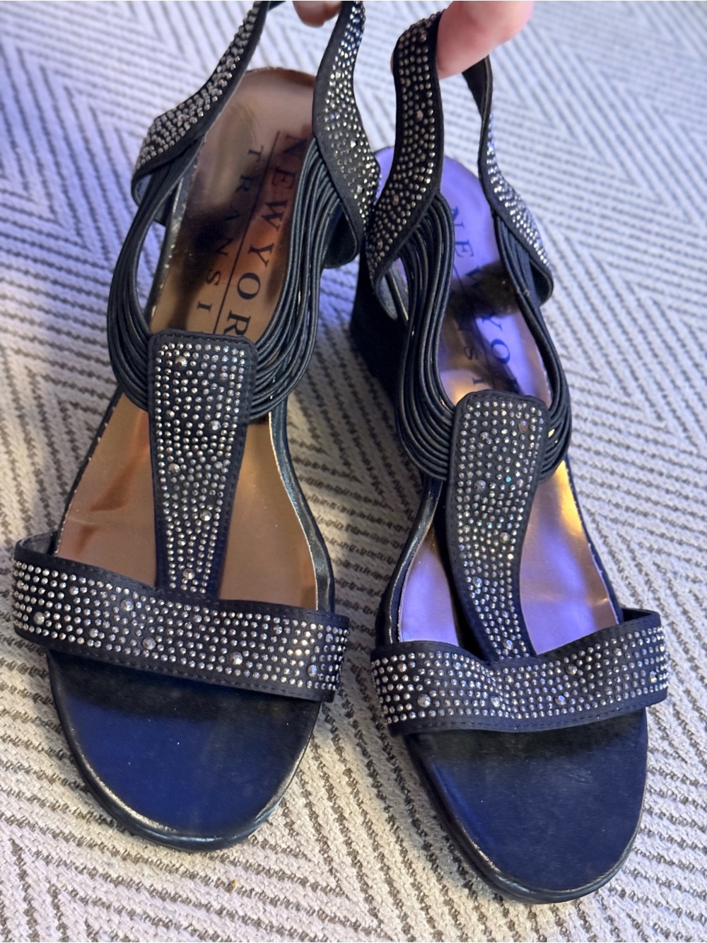 New York Transit Black Crystal-Embellished Slingback Sandals